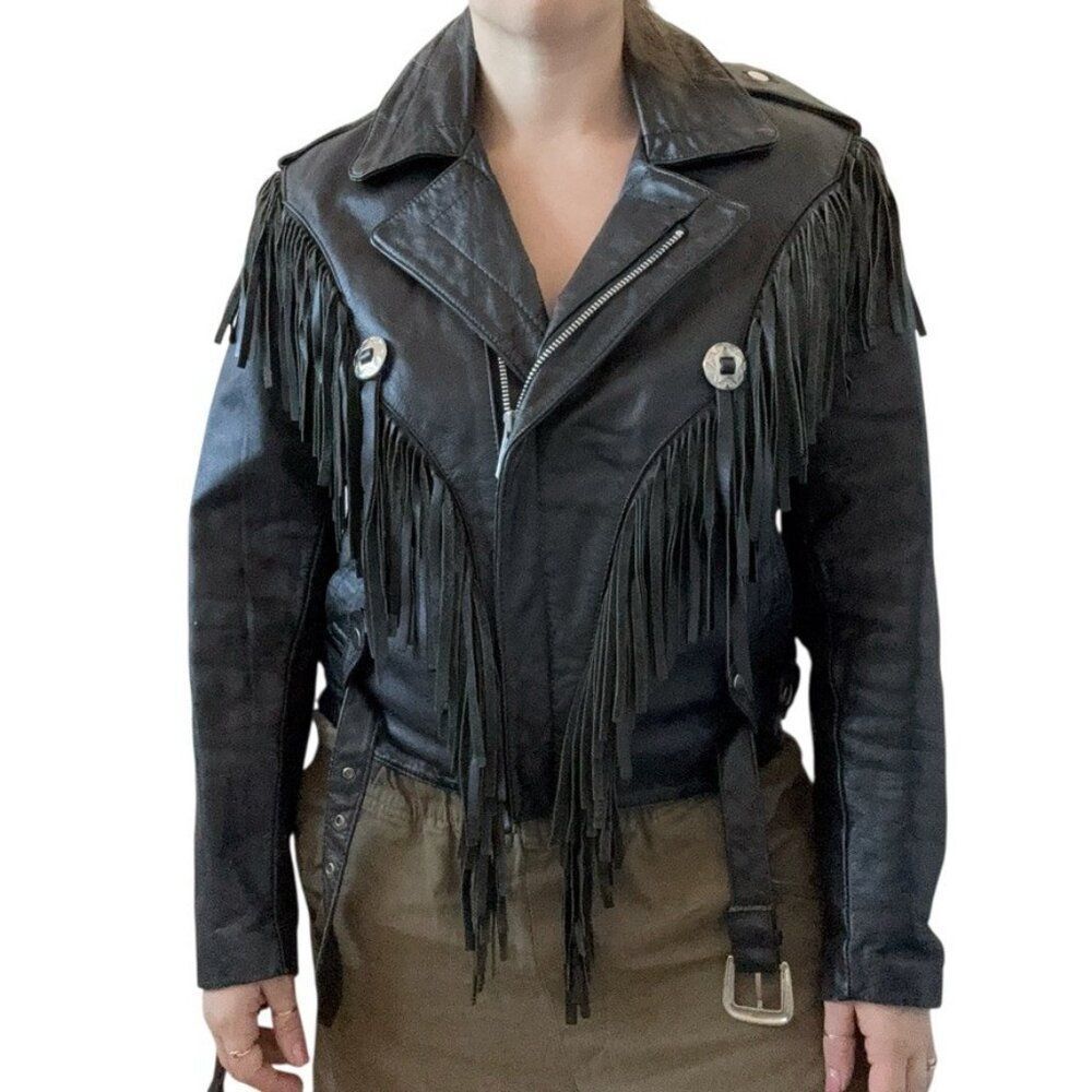 Vintage 80s Womens Open Roads Black Biker Moto Fringe Leather Distressed Jacket